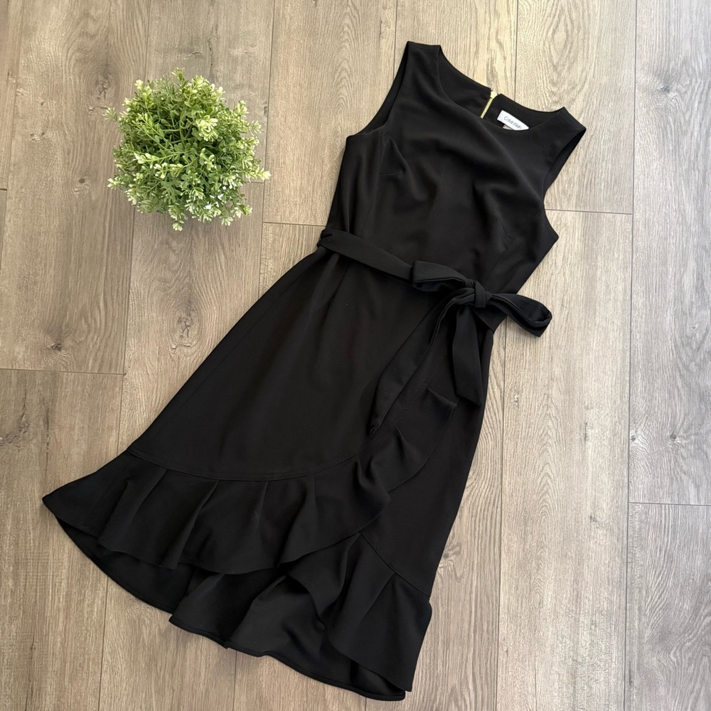 Calvin‎ Klein Black Ruffle Wrap Belted Midi Dress